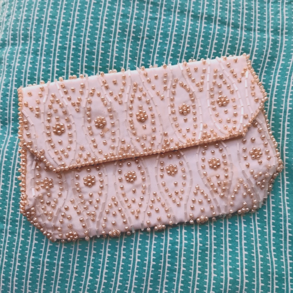 Vintage La Royale Satin Beaded Evening Bag Cream Ivory Japan Clutch